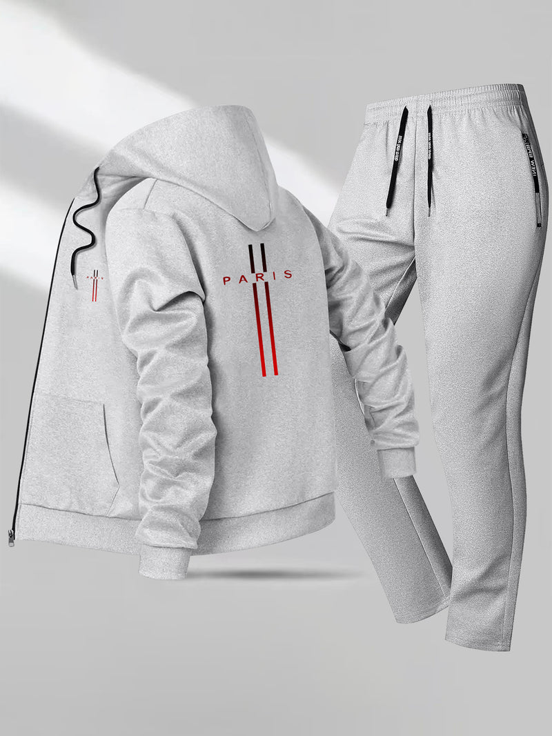 Men's 2pcs Slim-Fit Winter Jacket & Pants Suit with Paris Lettering.