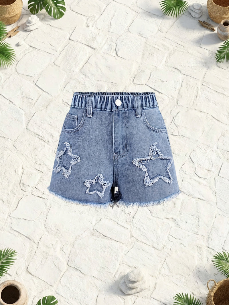 Girls' Faux Denim Shorts - Stylish Deep Blue Faux Denim with Star Patch Design.