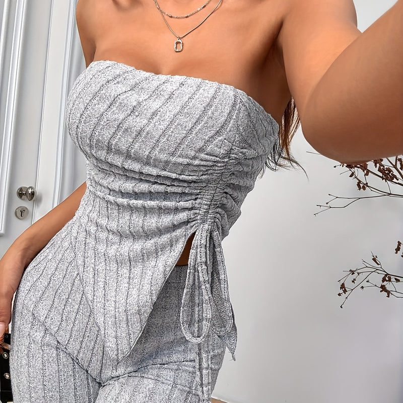 2pcs Women’s Elegant Ribbed Drawstring Strapless Top And Slim-Fit Pants.