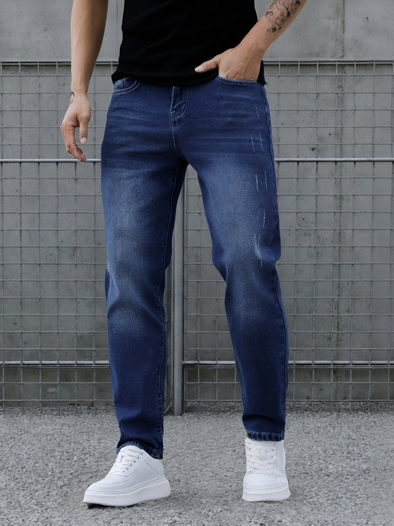 Men's Casual Washed Denim Jeans, Straight-leg pants.