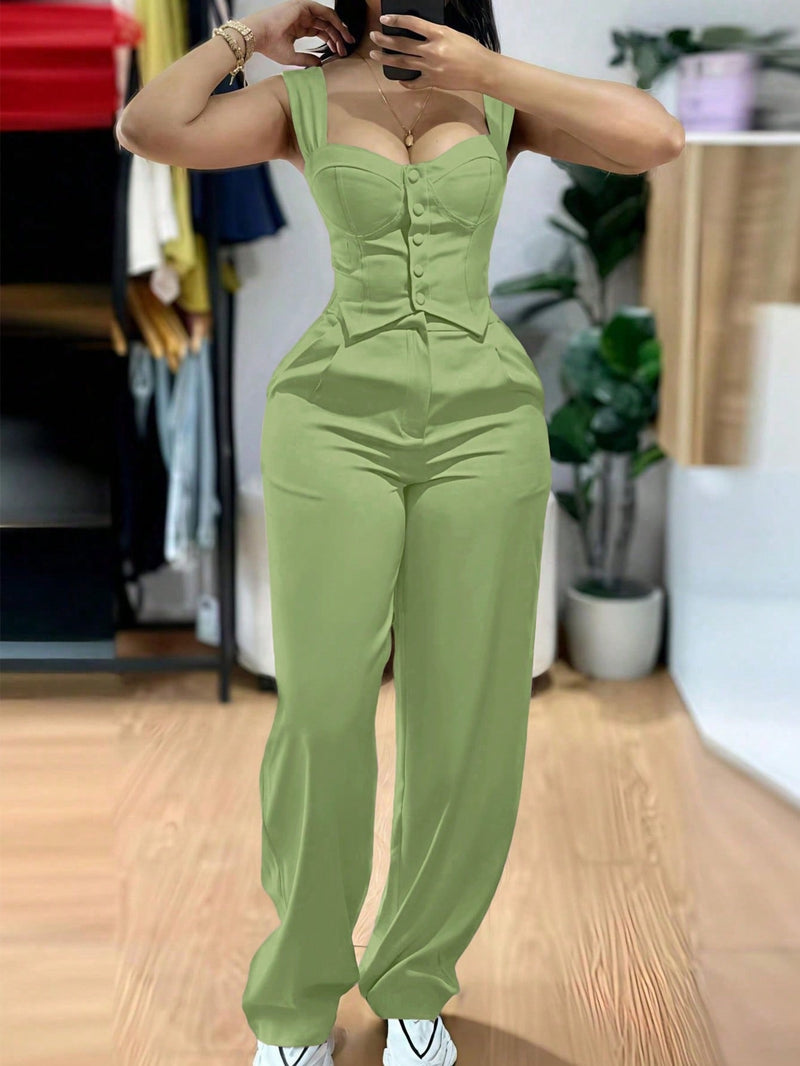 Women’s Elegant Two-Piece Set with Thick Straps And Buttoned Front.