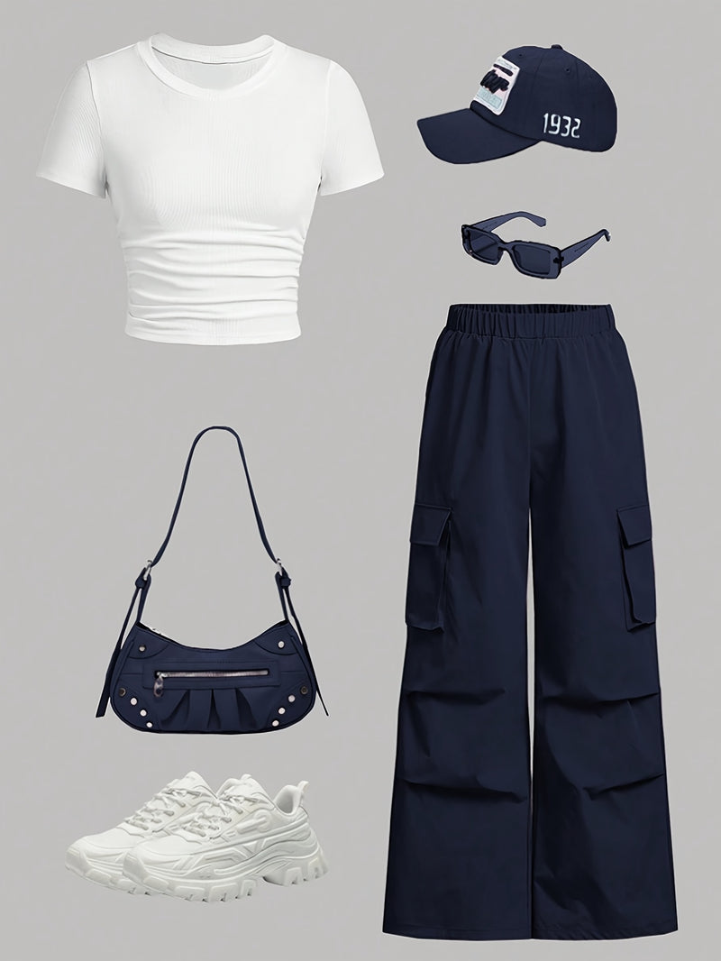 Directional Round Neck Short Sleeve T-Shirt and Work Pants Set.