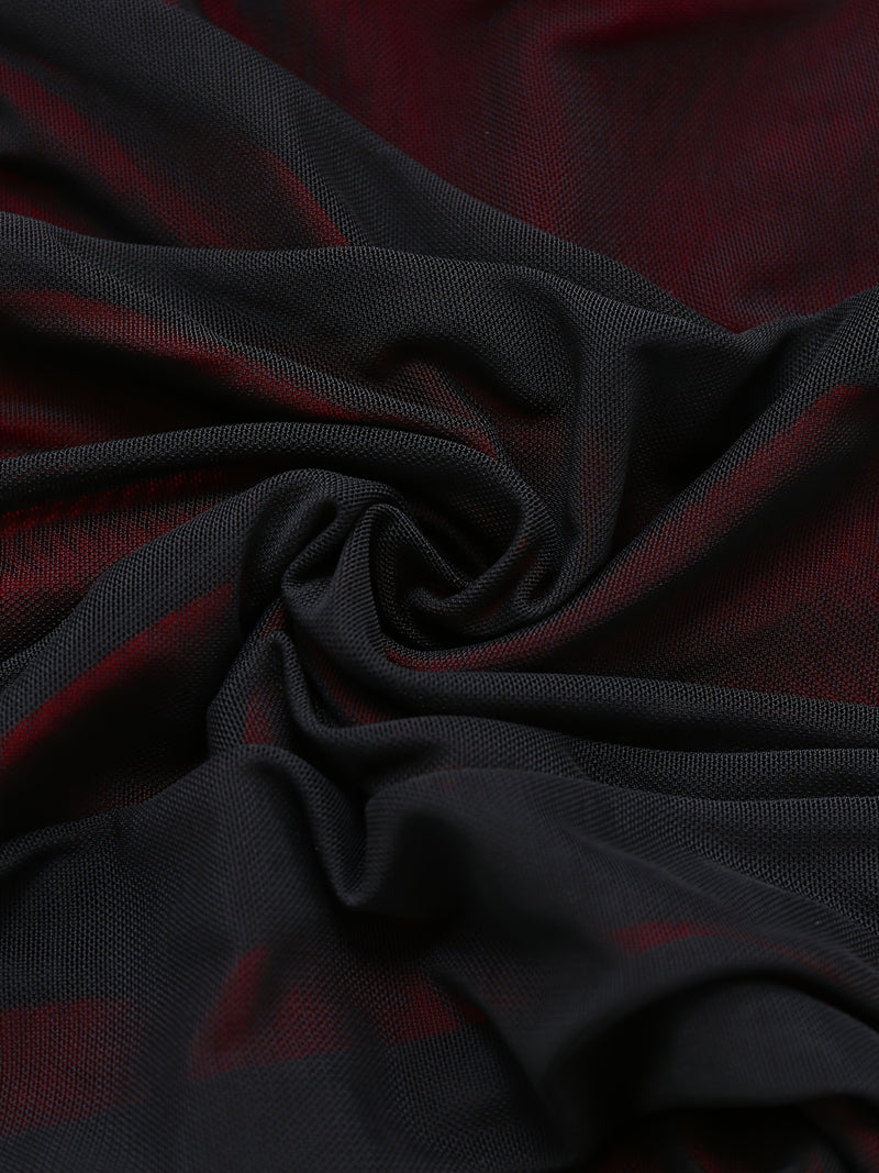 Red And Black Color-Blocked Mesh Bodycon Skirt.