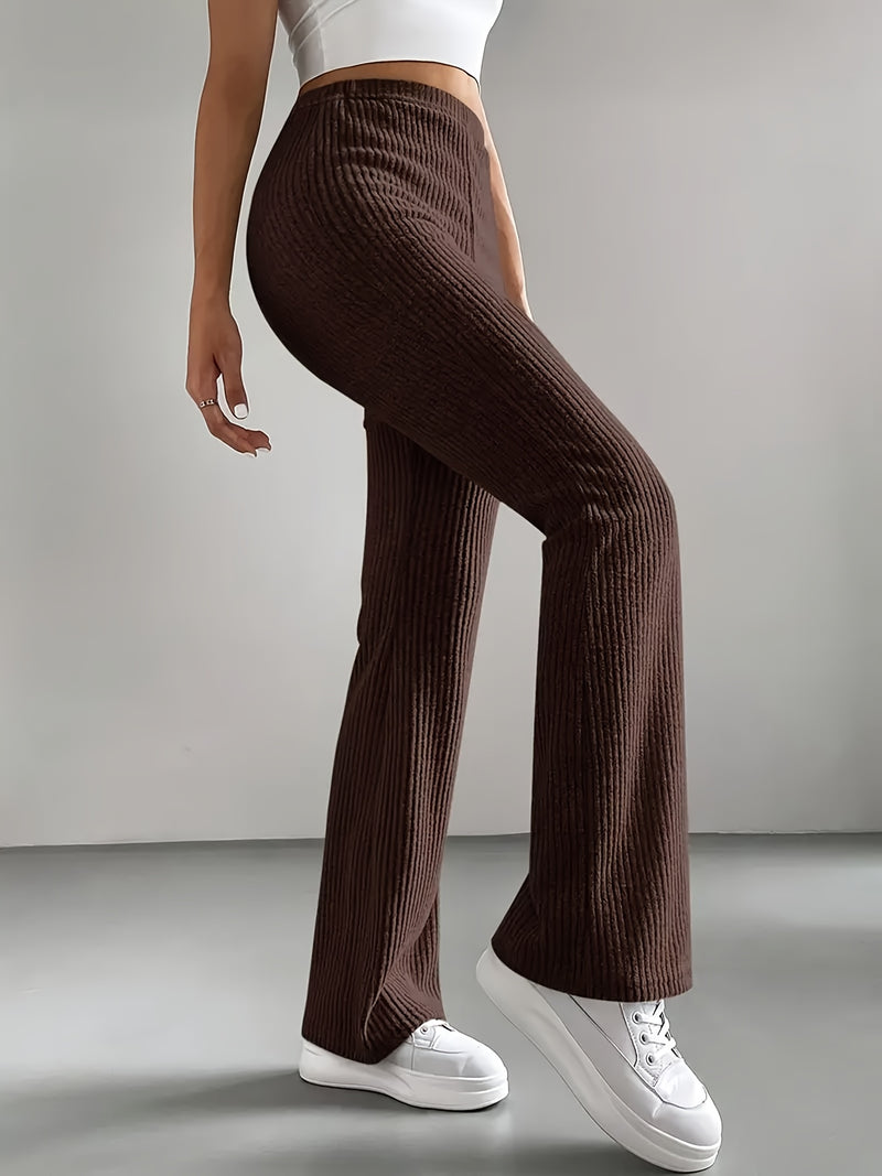 Women’s 2pcs Set Ribbed Simple Striped Casual Solid Color Straight-Leg Wide-Leg Pants.
