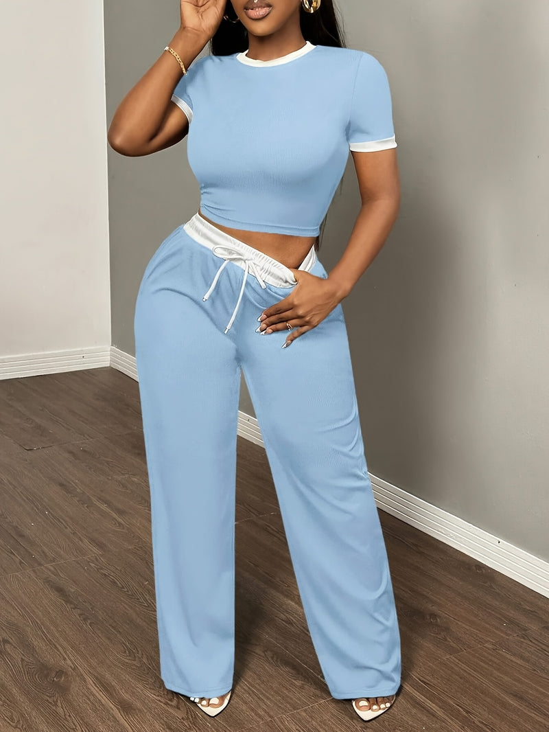 Women's Sexy Color Block Short-Sleeved T-Shirt And High-Waisted Belt Bandage Trousers.
