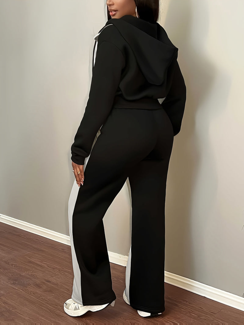 Women’s Fashion Color Block Hooded Sweatshirt and Pants Set.