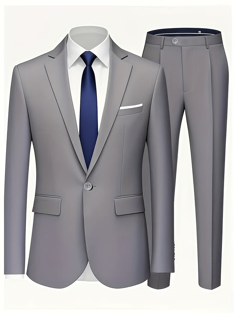 Men's 2pcs Suit Set, Blazer + Trousers, Business Casual.