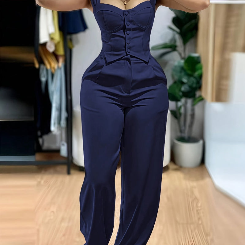 Women’s Elegant Two-Piece Set with Thick Straps And Buttoned Front.