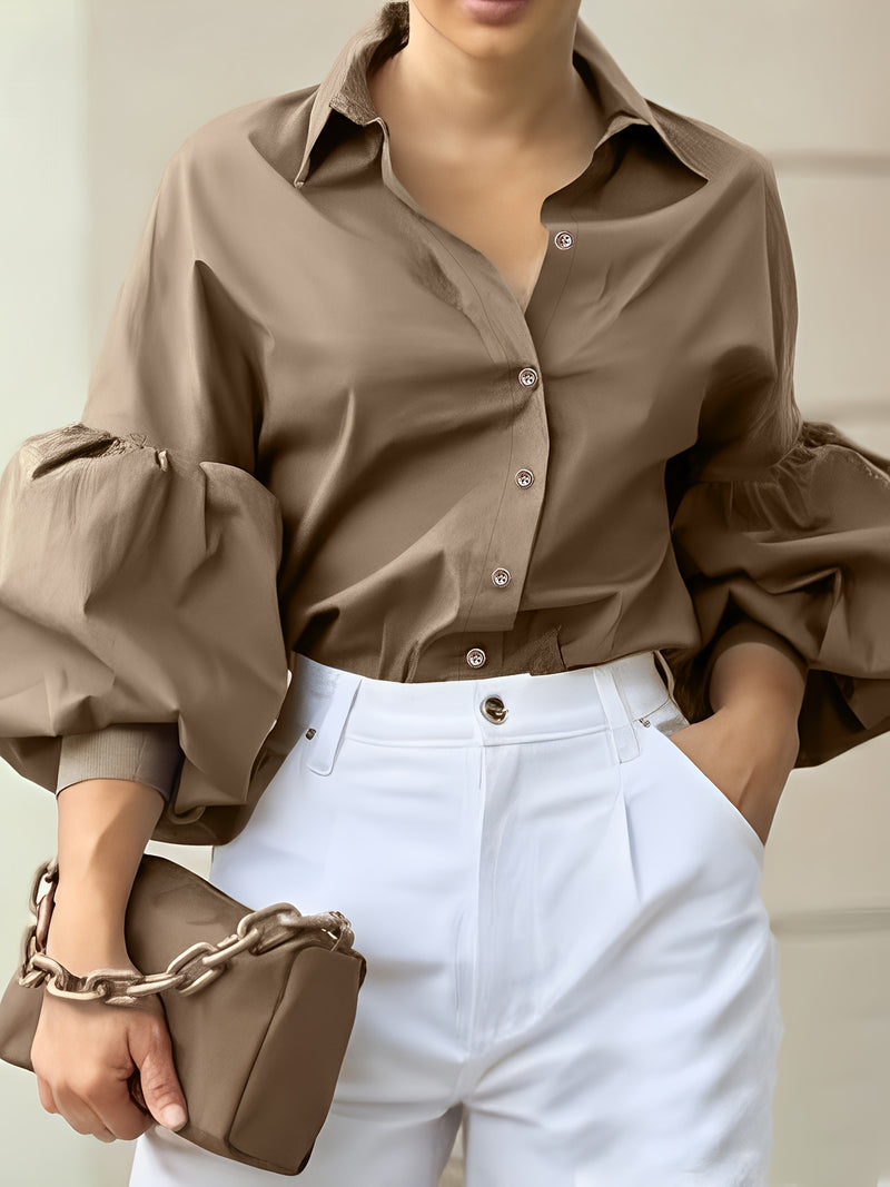 Fashion Women's Solid Color Turn- Collar Lantern Sleeve.