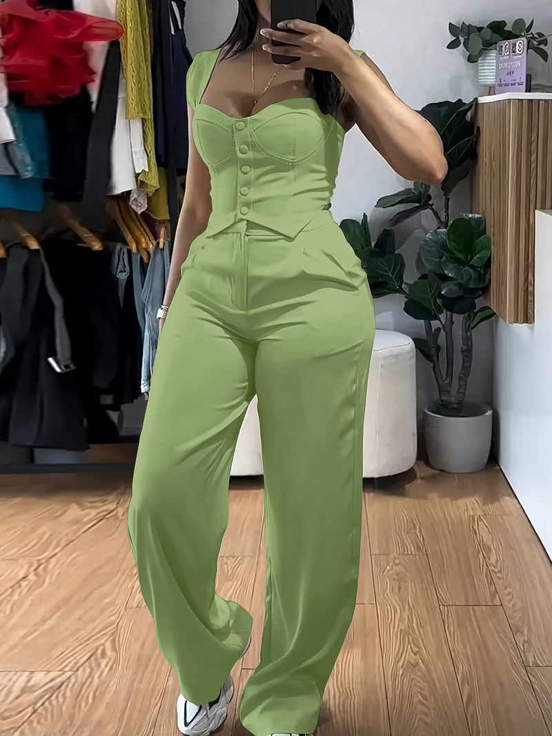 Women’s Elegant Two-Piece Set with Thick Straps And Buttoned Front.