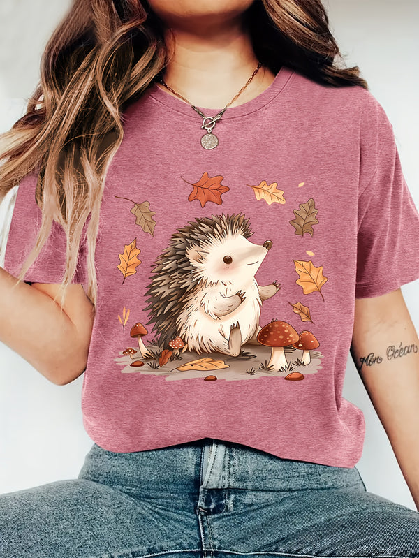 Women's Summer Clothing, Cute Hedgehog Print Round Neck.