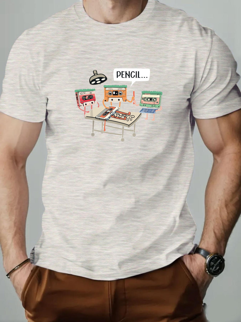 Men's Summer Casual Crew Neck Short Sleeve T-Shirt with Tape Pattern.