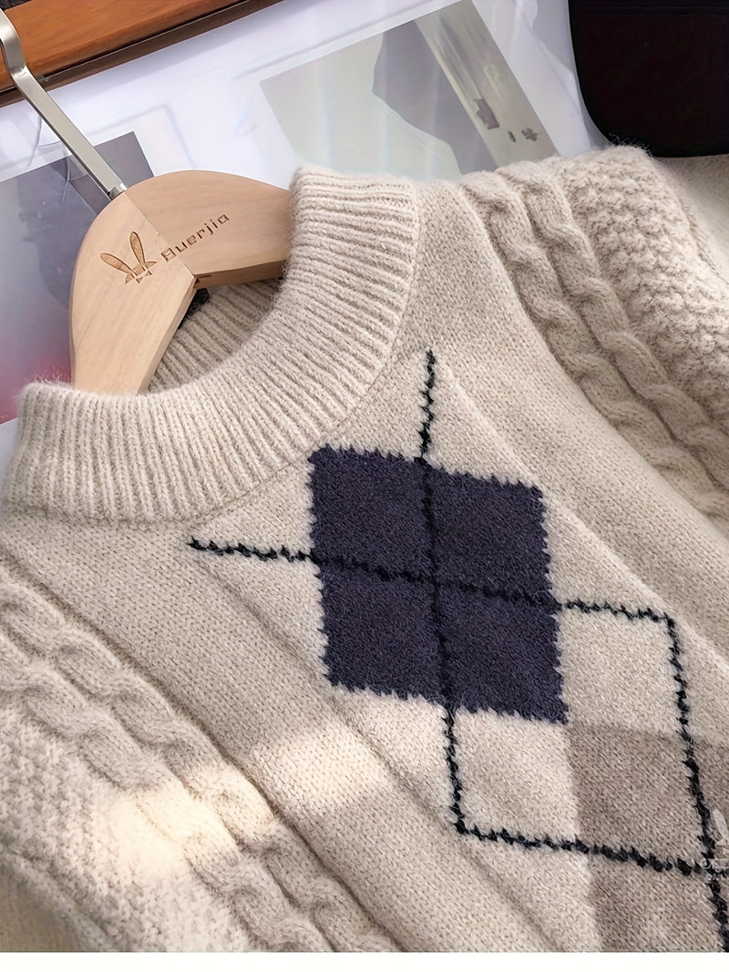 Mid-Sized Diamond Patterned Jacquard Turtleneck Sweater.