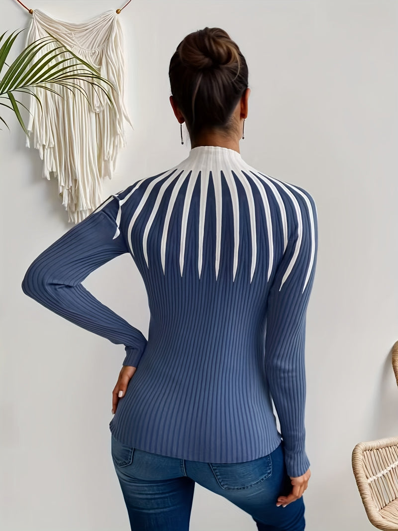 Women's Color Block Ribbed Elegant Long Sleeve Pullover.