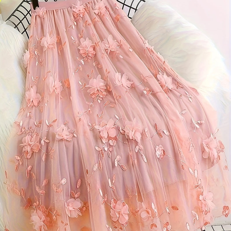 Women’s Double-layer Mesh Flared A-line Embroidered Floral Skirt.