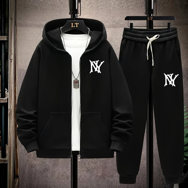 Hooded Zip-Up Jacket Set with NY Letter Prints on The Front And Back.