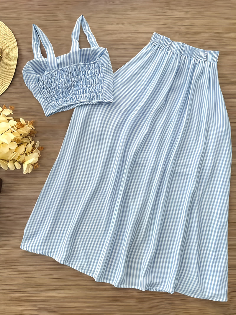 Women's Fashion Casual Commuter Striped Vest and Midi Skirt 2pcs Set.