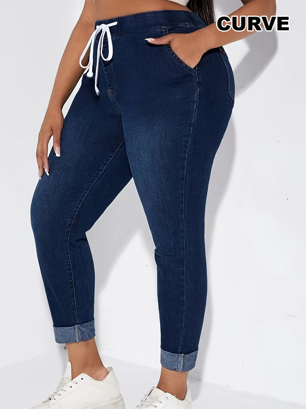 Women's High-Waisted Elastic Drawstring Jeans.