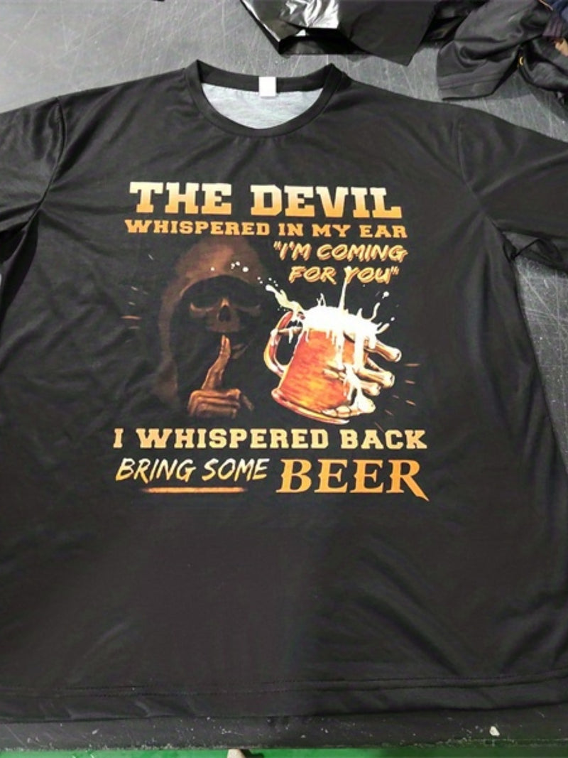 Men's T-Shirt with Slogan And Graphic, Black Crew Neck, 3D Print.