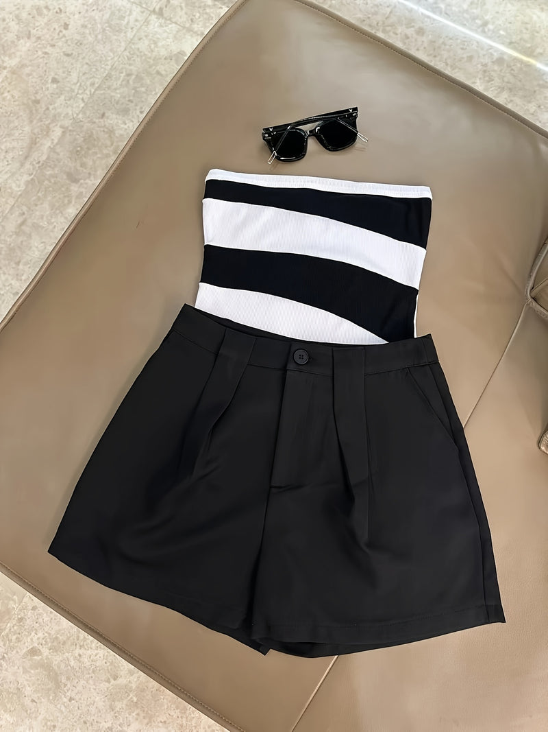 Women’s -Blocked Strapless Fitted Top Paired with Versatile Casual Shorts.