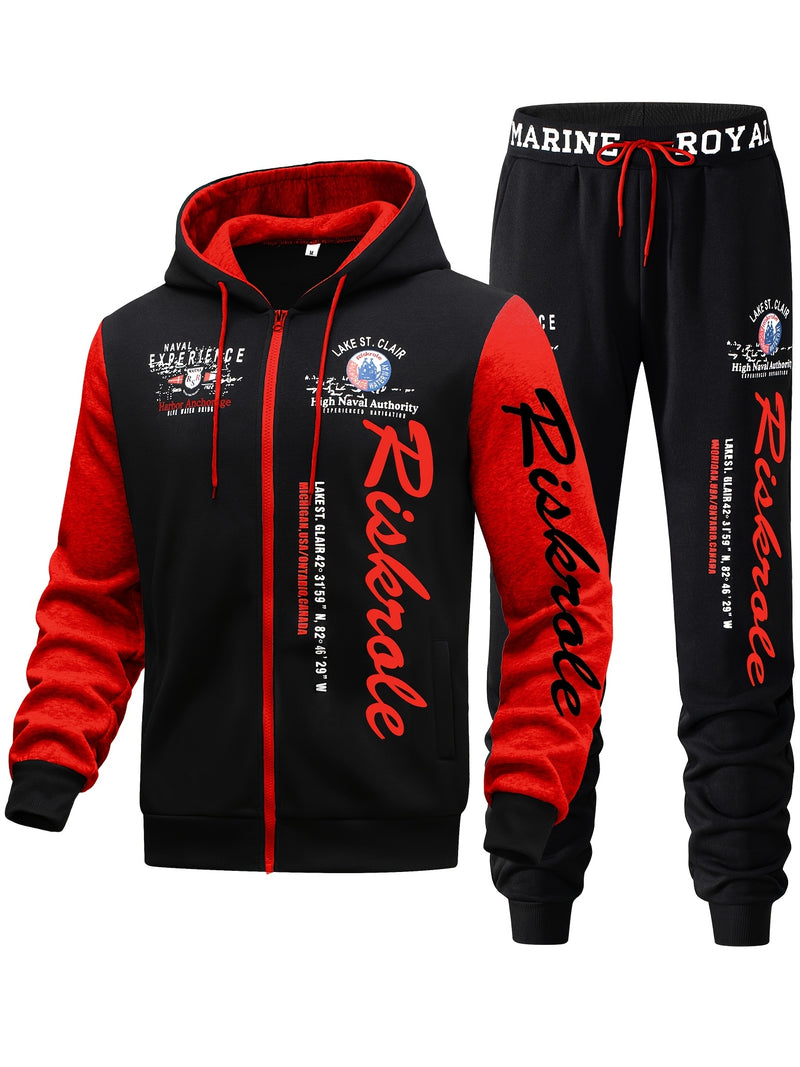 Men's Hooded Sweatshirt with Letter Print, Two-Piece Sports Running Outfit.