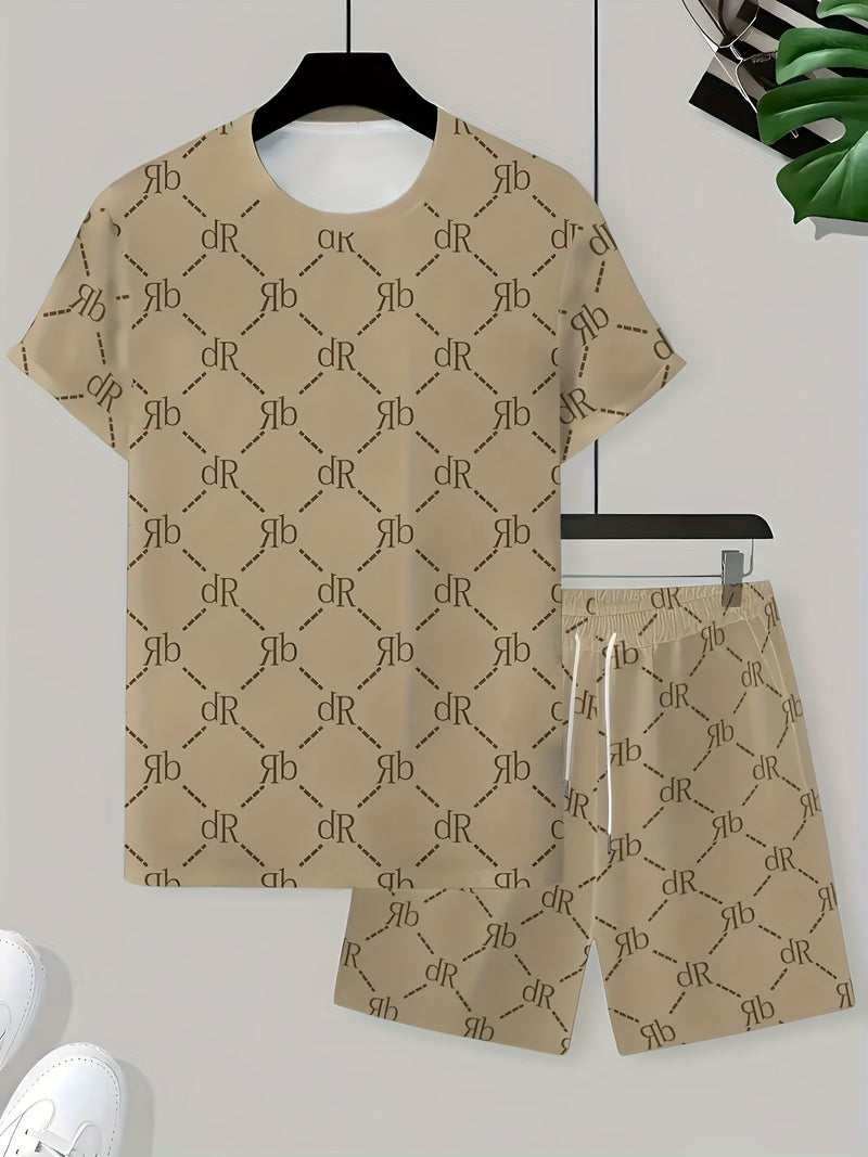 Men's Casual Two-Piece Set Featuring Short Sleeves with English Letter Prints.