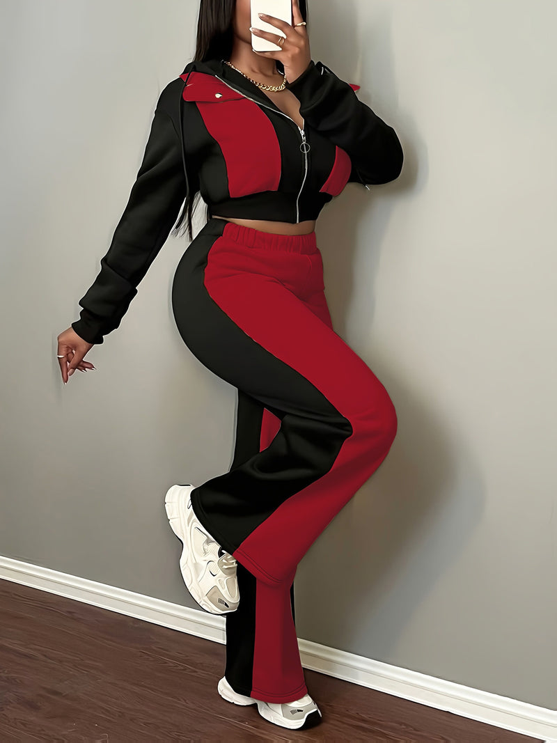 Women’s Fashion Color Block Hooded Sweatshirt and Pants Set.