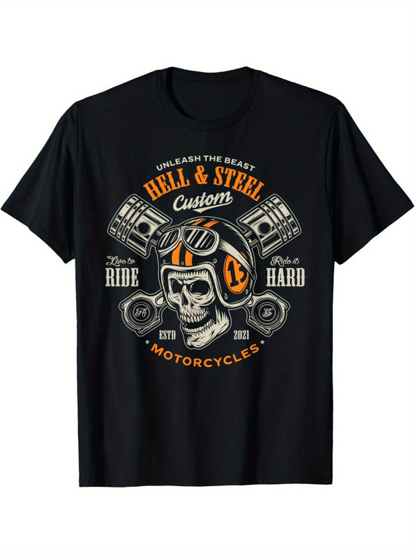 Men's Vintage Motorcycle Skull And Piston Pattern T-Shirt.