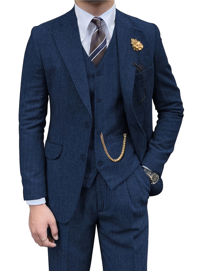 Men's 3pcs Suit Made of Blended Herringbone Fabric.