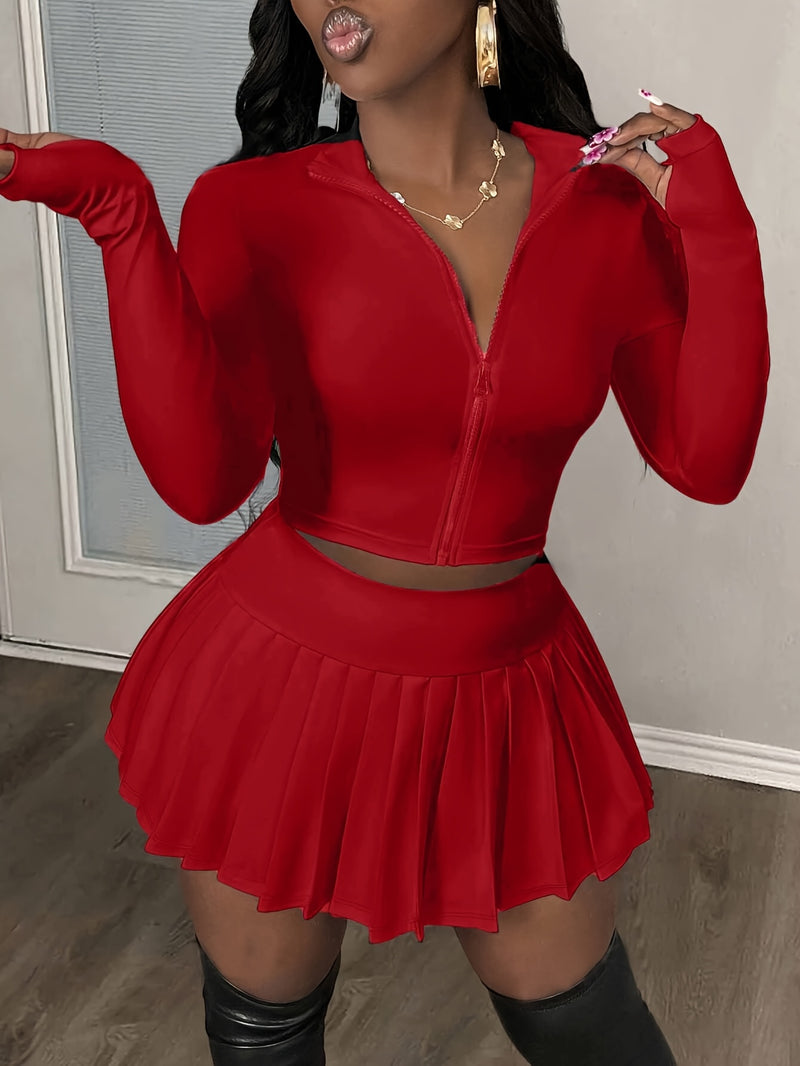 2pcs Women'S Casual V-Neck Zip-Up Top And Pleated Mini Skirt Set.