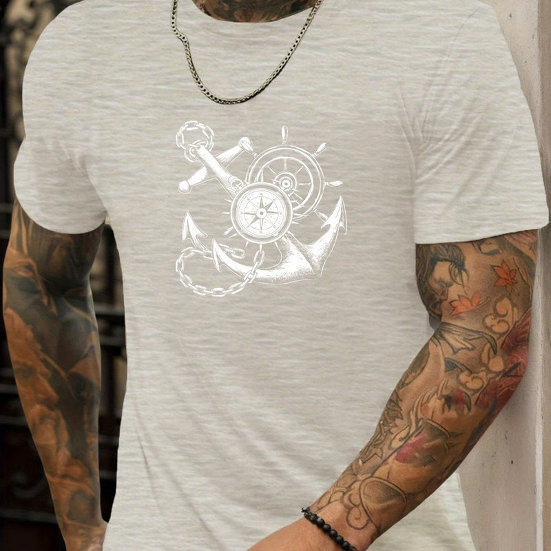 Men's Casual Summer T-Shirt with Anchor and Compass Graphic.