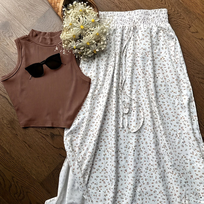 Women's Solid Color Sleeveless Top with Ribbed and Floral Skirt 2pcs Set.
