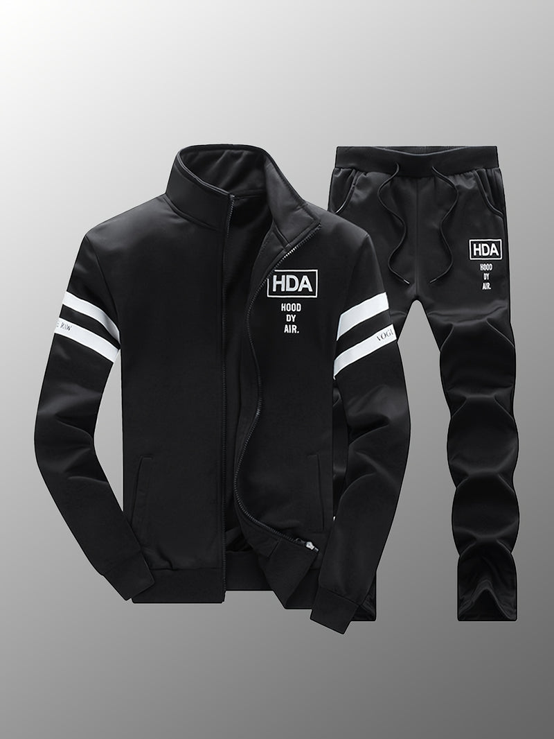 Men's Tracksuits 2pcs Set - Stand Collar Ribbed Hem Sportswear.