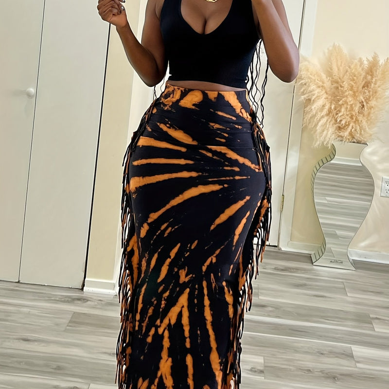 Women’s Stylish Vest and Fringe Skirt Print Set.
