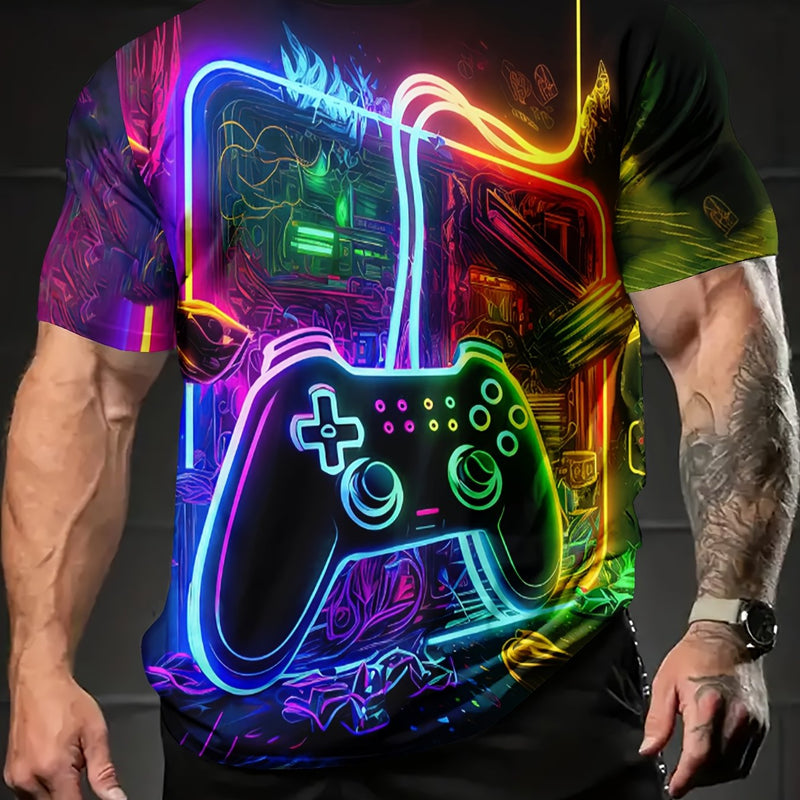 Men's Gaming Graphic T-Shirt - 3D Printed Neon Game Controller Design.
