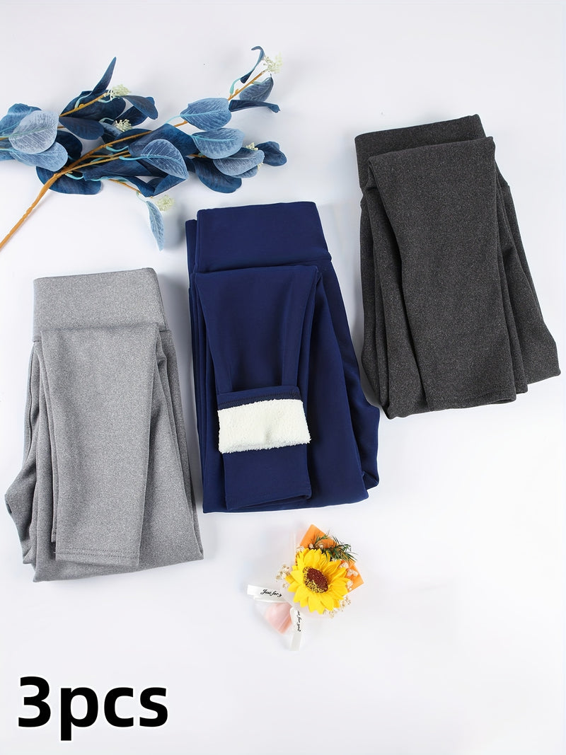 3pcs -Lined Solid Color Skin-Tight Leggings, Autumn/Winter.