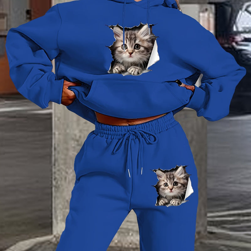 Women's Polyester Hooded Tracksuit with Cat Print.