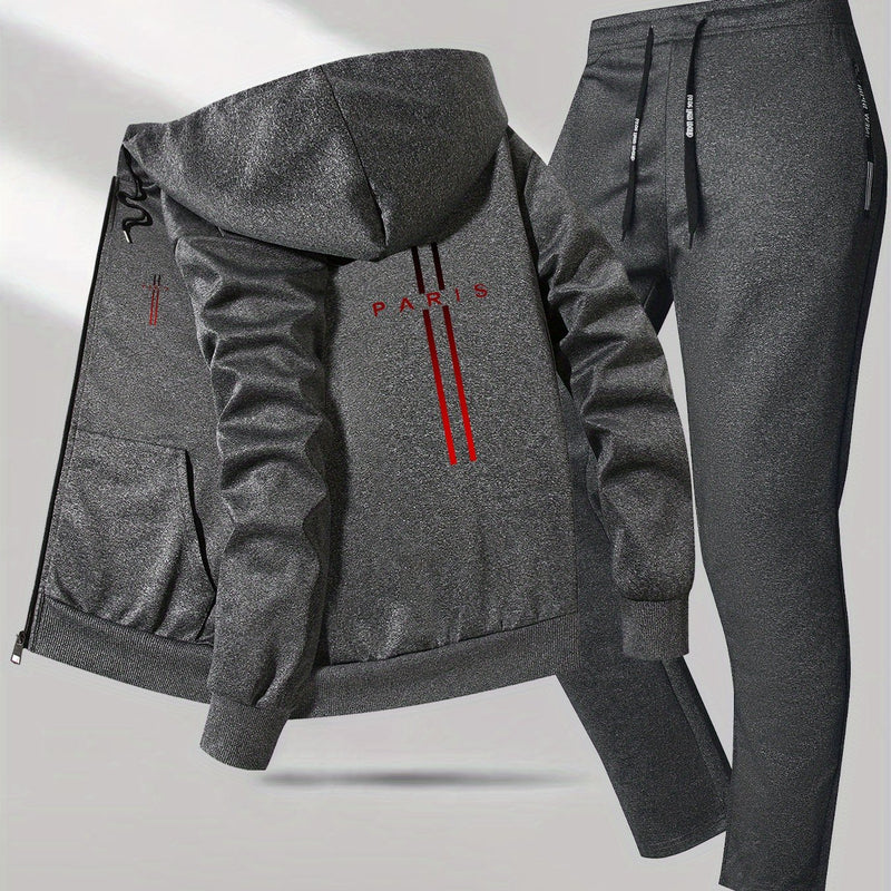 Men's 2pcs Slim-Fit Winter Jacket & Pants Suit with Paris Lettering.
