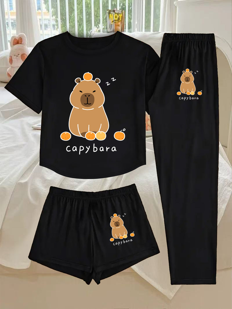 A Three-Piece Women's Loungewear Set, Featuring a Printed Design.