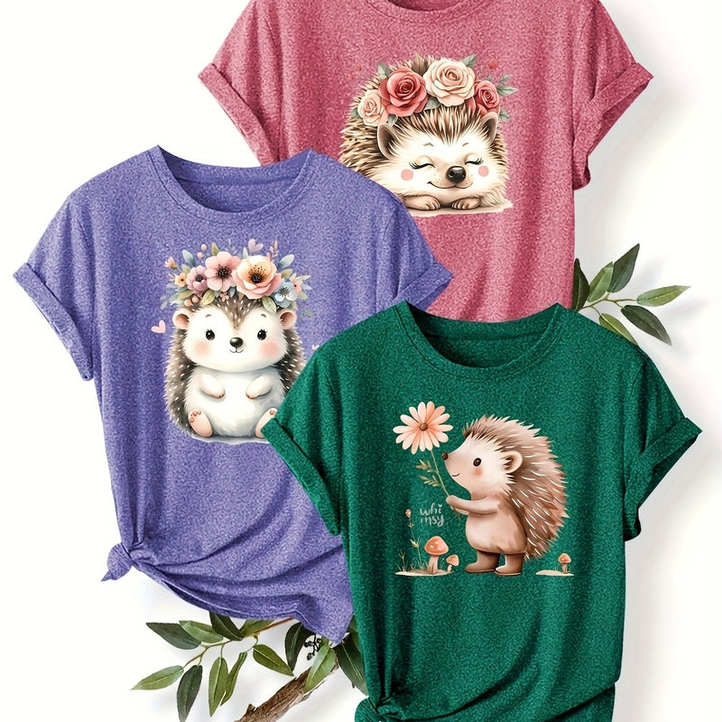3pcs Women's Cute Hedgehog Graphic T-Shirts.
