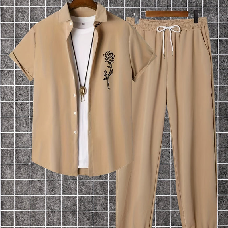 2pcs Printed Men's Summer Short Sleeve Button Shirt and Long Pants Set.