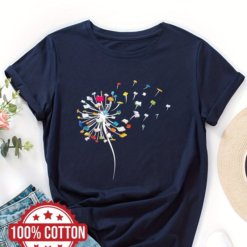 Women's "Dandelions and Books" Graphic T-Shirt.