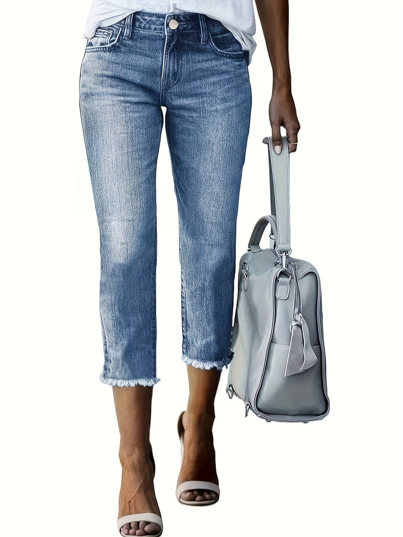 Women's Stylish Versatile Embroidered Frayed Hem Cropped Jeans.