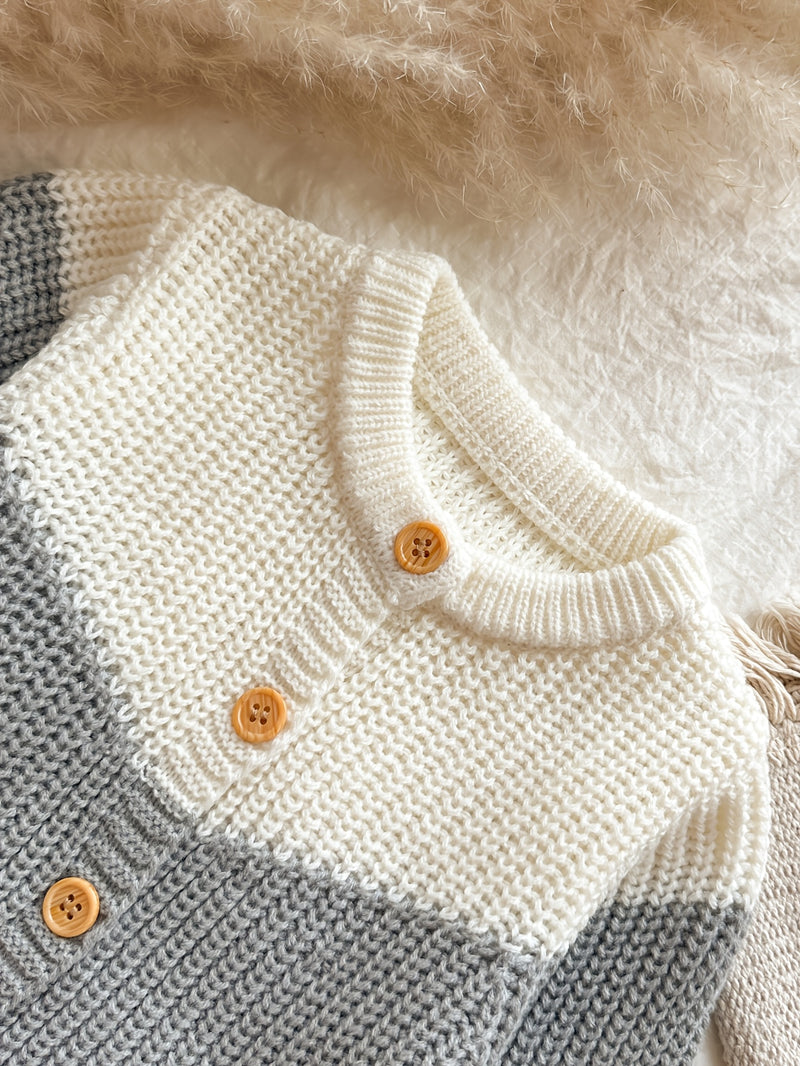 Baby Retro Tricolor Color Blocking Knitted Cardigan.