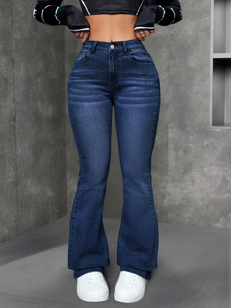 Women’s Fashionable Deep Blue High-Waist Flare Jeans.