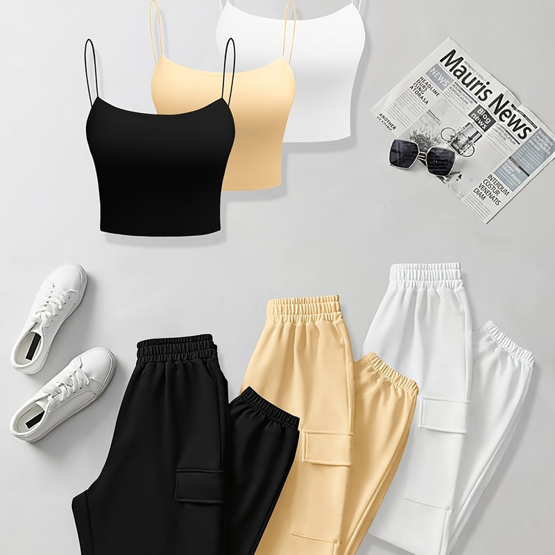 6pcs Women's Casual Short Camisole And Elastic Waist Pocket Work Pants.