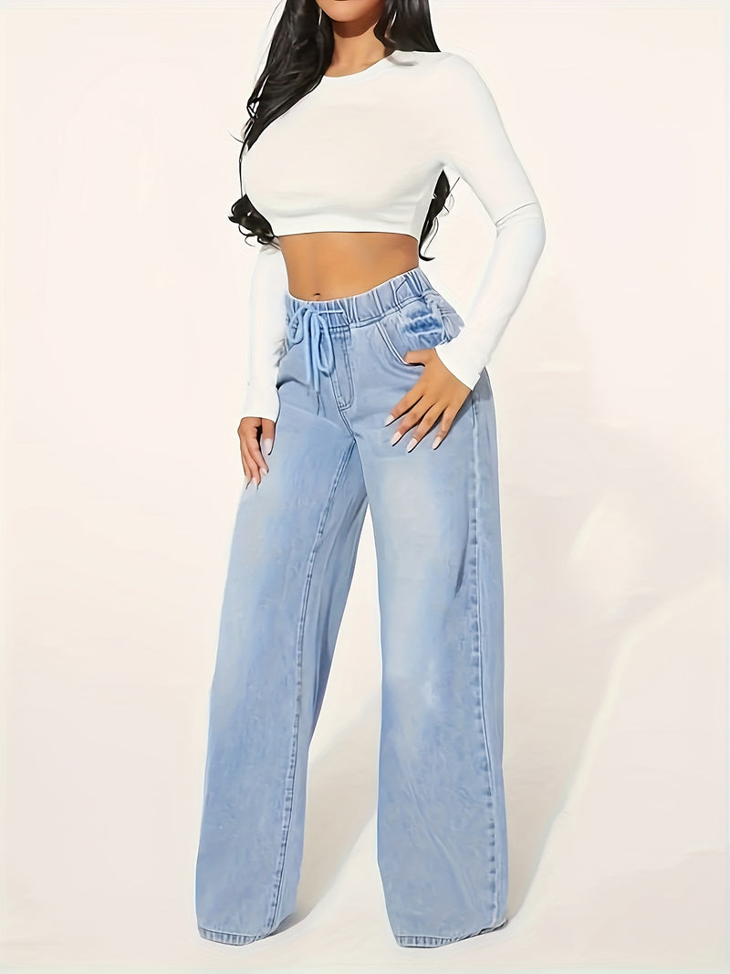 Women’s Drawstring Waist 25AW Elastic Waist Wide-Leg Jeans.