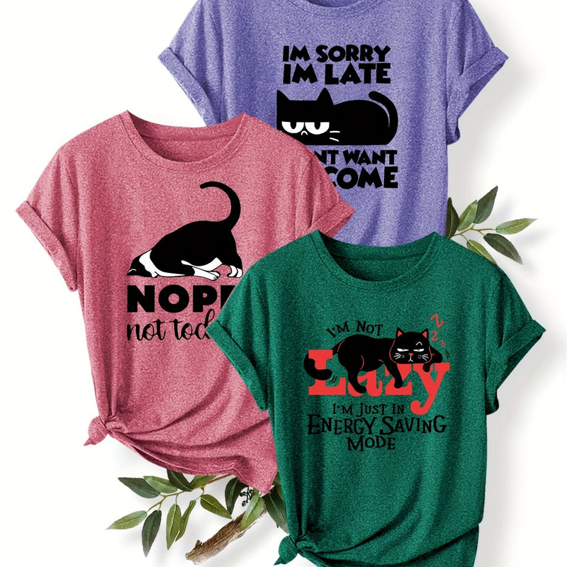 3pcs Women’s Featuring a Round-Neck Short-Sleeve T-Shirt.