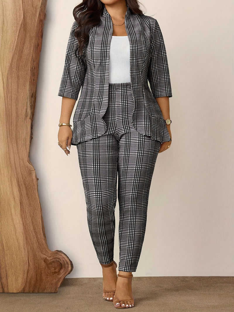 Women's Two-Piece Plaid Print Casual Three-Quarter Sleeve Work.