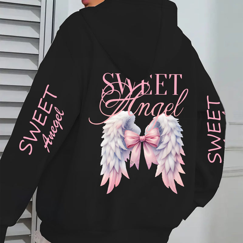 Women's Oversized Hoodie with Pink Wings & Angel Design.